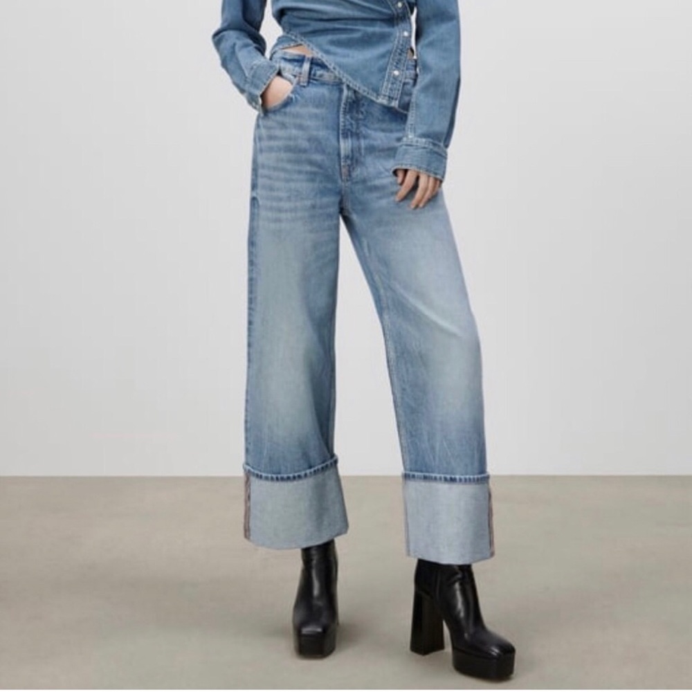 Zara Mid Rise Loose Jeans Folded Cuffs Wide Leg 10
